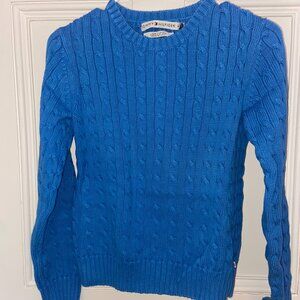 Tommy Hilfiger Blue Cable Knit Sweater – Classic Crewneck Pullover Ribbed Trim